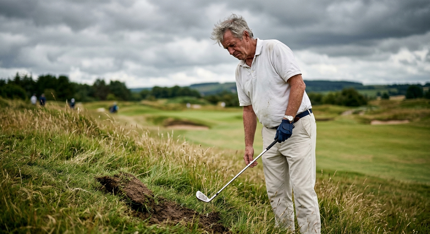 Frustrated golfer after a bad shot in the rough