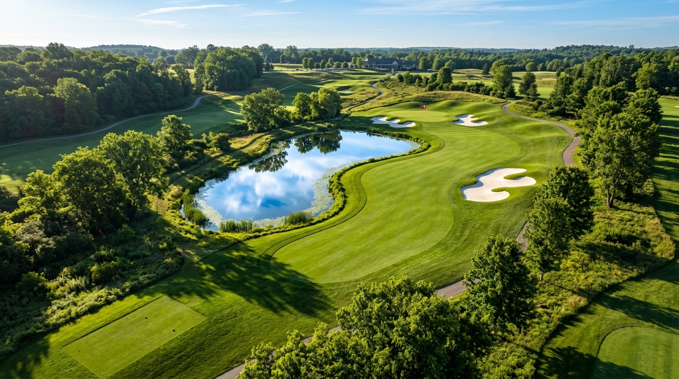 Aerial view of a beautiful golf course in morning light